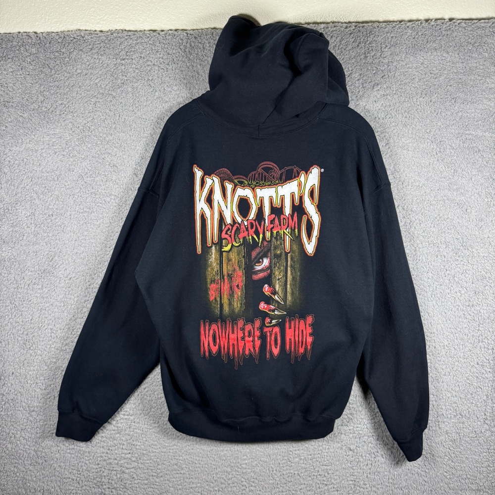 Gildan Knott's Scary Farm 2013 Nowhere to Hide Black Graphic Hoodie Mens Large